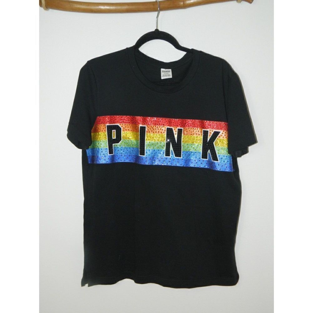 Victoria’s‎ Secret PINK T-Shirt Medium Black Rainbow Glitter Rhinestone PRIDE